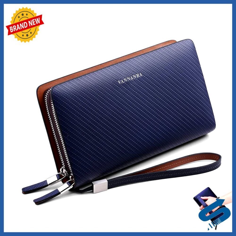 Large Leather Wristlet Clutch Double Zipper Business Travel Phone Holder